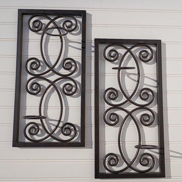 Wrought Iron Wall Sconces Heavy Metal Candle Holders Scroll Design Wall Art Vtg - Picture 1 of 10